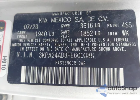 2023 Kia Rio Lx from USA, damaged, VIN 3KPA24AD3PE600388